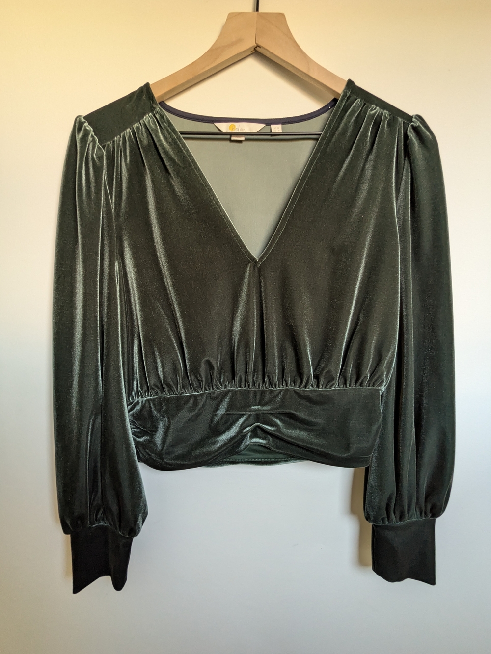 Boden Cropped Velvet Blouson Top Emerald Green V-Neck Size US 8 / UK 12